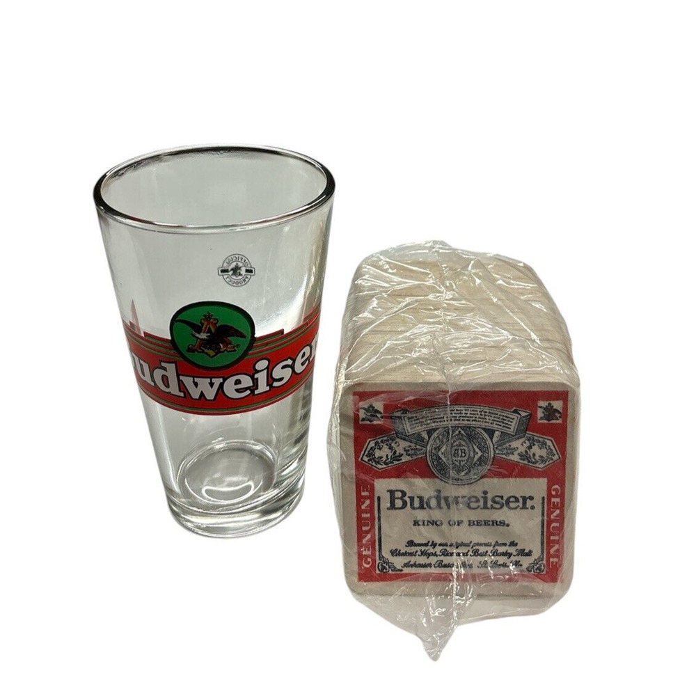 Vintage Budweiser Beer Glass Cup Pint Eagle‎ Logo 16 oz & 100 Budweiser Coasters